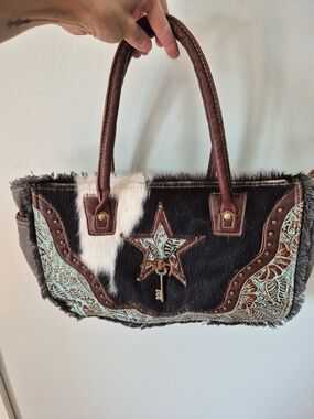 Myra Bag Boho Cowhide Star Accent Shoulder Bag with Key Charm - Brown & Black